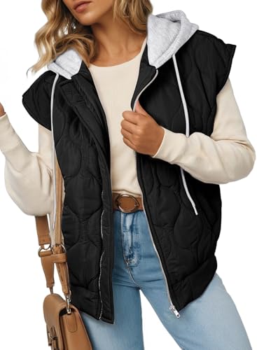 EVALESS Oversized Puffer Vest Woman Cropped Hooded Zip Up Quilted Vests Outerwear 2025 Casual Sleeveless Black Jackets Coat Outfits with Pockets Plus Size Black XX-Large