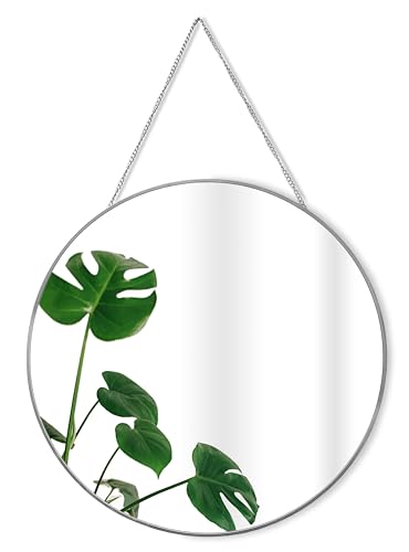 GreyZouq Silver Metal Rimmed Round Mirror with Chain - Perfect for Bathroom, Bedroom, Hallway and Living Room (40 centimeters) Vintage Contemporary Style