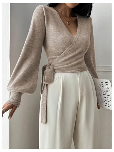 SHENHE Women's Casual V Neck Wrap Sweater Pullover Long Sleeve Slim Fit Knit Crop Top Sweater2