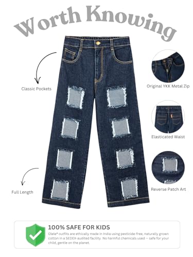 Image of olele Girls Super Jeans Collection for 4-14 Yrs | Stretchable Cotton Denim Trousers | Blue Jeans for Kids | Baggy Denim Pants | Cargo Pants for Girls