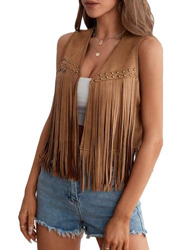 GORGLITTER Women's Tassel Fringe Sleeveless Vest Suede 70s Hippie Cowgirl Country Concert Western Jacket Outfits3