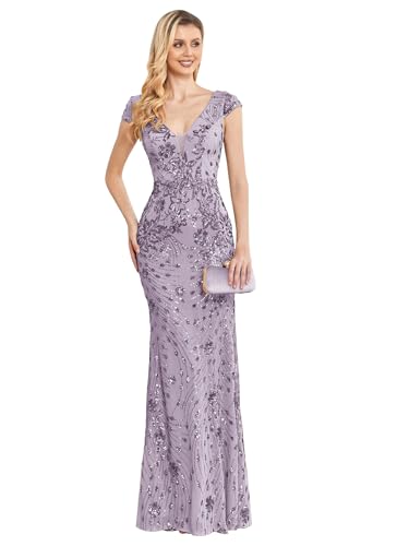 Image of Womens Sequined Long Evening Gown Glamous Sleeveless V-Neck Mermaid Prom Dress for Wedding Party Club Occasions