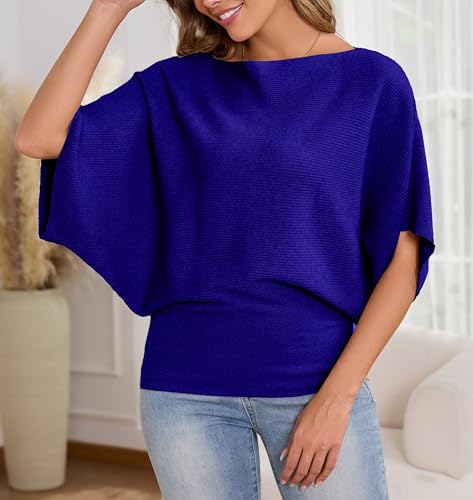 Image of MAKARTHY Womens Batwing Sleeves Knitted Dolman Pullovers Boat Neck Tops Sweatershirts