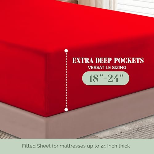 Image of Elegant Comfort Luxurious 1500 Premium Hotel Quality Microfiber 4-Piece Sheet Set, 18-24 Inches Deep - Extra Deep Pocket Sheets - Ultra Soft 4PC Deep Pocket Sheets, Twin /Twin XL, Red