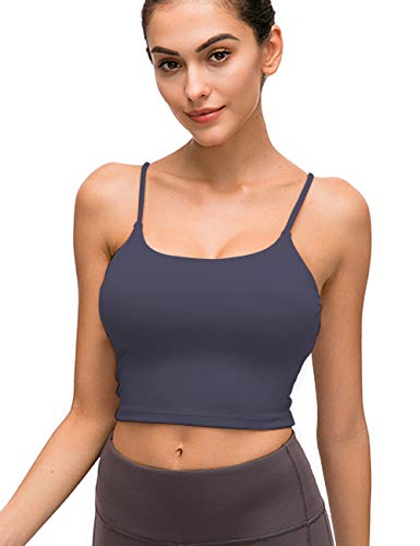 Longline Sports Bra Workout Crop Tank Tops for Women Strappy Padded Yoga Camisole High Impact Navy Blue