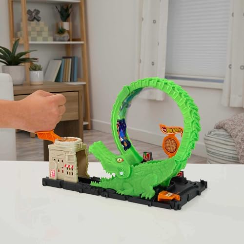 image for Hot Wheels Toy Car Track Set Gator Loop Attack Playset in Pizza Place 