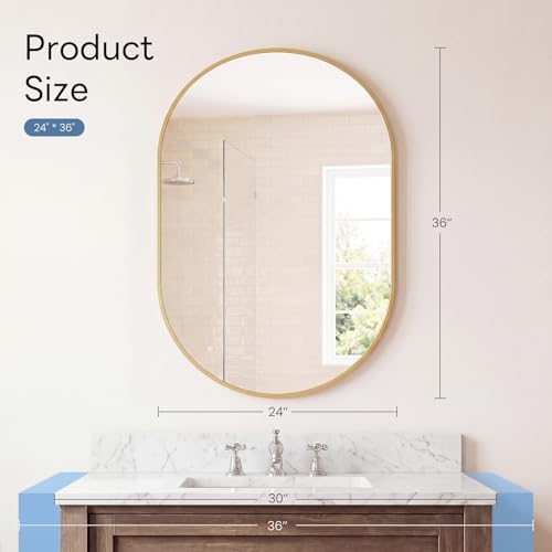 Image of Sweetcrispy 24 inch x 36 inch Gold Bathroom Mirror for Wall, Oval Wall Mirror with Metal Frame, Tempered Glass, Modern Vanity Mirror for Over Sink, Living Room, Bedroom, Entryway, Horizontal or Vertical