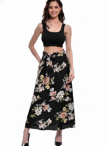 Image of Women's Floral & Animal Print Wrap Skirt - Midi Length A-Line Summer Skirt with Side Tie-Up, Tropical Cheetah Tiger Casual Beach Wear