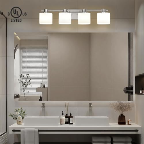 Image of 32 Inch Brushed Nickel Vanity Light for Bathroom 4 Light Bathroom Light Fixtures Over Mirror Milk Glass Makeup Shower Lamp Farmhouse Wall Sconce Modern Desk Vintage Rustic Bath Sink Lighting