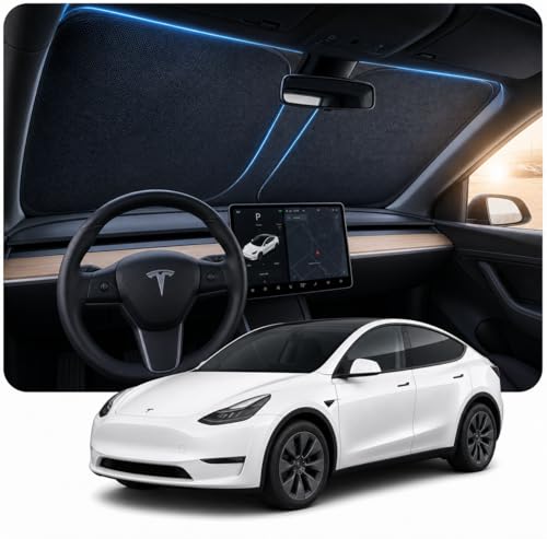 [2026 Upgraded] DooGooCoo Windshield Sun Shade for Tesla Model Y & Model 3 [Cooling Ice-Crystal 100% Sun Block] Sunshade for Car Windshield for Tesla Model 3 Sunshade Model Y Sunshade 2017-2026.