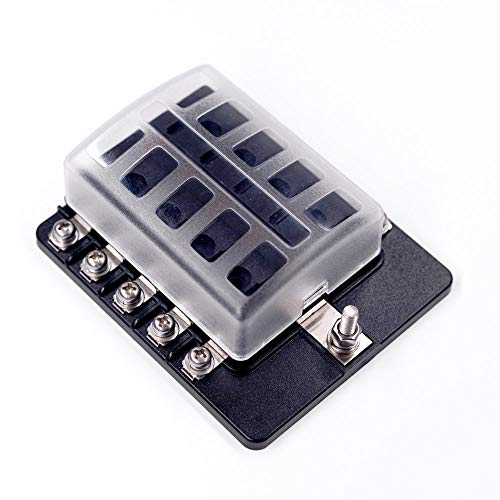 10-Way Fuse Block Bolt Terminal- JOYHO Fuse Box Holder ATC/ATO with LED Light Indication & Protection Cover, 70 pcs Stick Label, For Vehicle Car Boat Marine Trike Auto Car Truck (10 Way Bolt Terminal)