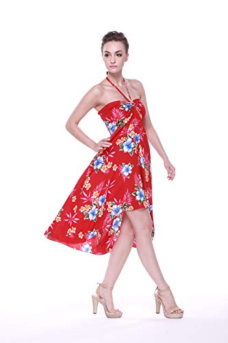 Image of Women's Hawaiian Luau Halter Dress in Signature Prints | Sleeveless halter dress, high-low hem; Hawaiian floral print; soft rayon, machine washable; luau, beach, cruise, party