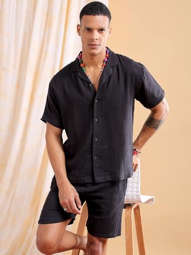 Image of The Indian Garage Co Men Regular Fit Solid Resort Wear Shirt & Boxers Co-ords Set