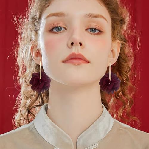 NONQL Bohemian Aesthetic Fabric Flower Lightweight Hoop Earrings Handmade Summer Vacation Dangle Drop Earrings For Women4