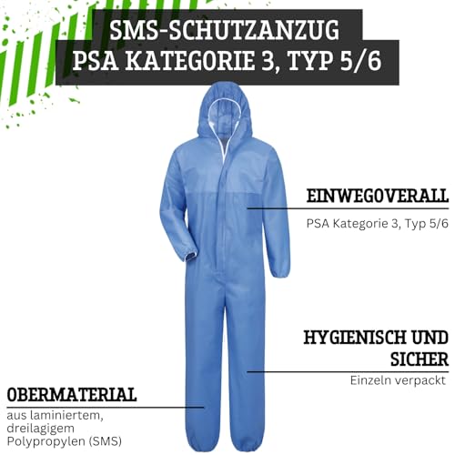 Safetytex SMS Schutzanzug - Einweg Overall - PSA Kat. 3 Typ 5/6 - Partikeldicht & Spritzwassergeschützt - Ideal für Asbest, Sanierung & Industrie - Weiß Gr. M (1 Stück)