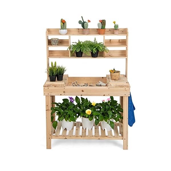 HAPPYGRILL Potting Bench Table, 60.5” Wood Workstation Workbench Table with Flip-Up Tabletop, Shelves & Hanging Hooks, Outdoor Flowerpot Bench, Farmhouse Bench Shelf for Patio Garden & Porch