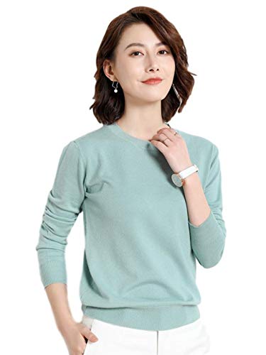 [ヒロリア] 長袖 ニット セーター カットソー ニットソー オフィス クールネック 丸首 秋冬 防寒 無地 ウール混 レディース (82-GRN-_M)