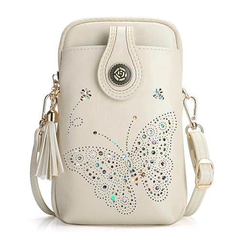 Small Crossbody Bags for Women, Lightweight Mini Cute Cell Phone Purse for Women with Tassel Shining Butterfly