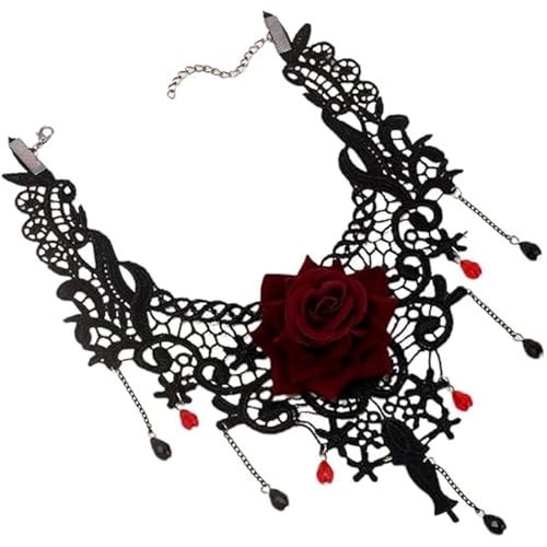 Gothic Black Lace Red Rose Flower Choker Necklace for Women