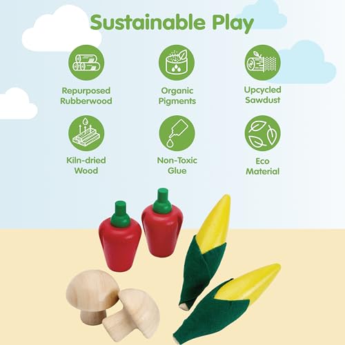 Image of PlanToys Wooden Fresh Produce Corn, Mushrooms & Bell Peppers Kids Play Set | slicing, knife, fruits and vegetables toys, pretend food, girls, boys, fine motor role imaginative social gift preschool
