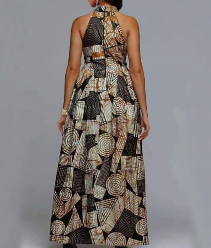 VERWIN Floor Length Lace-Up High Waist Stand Collar Sleeveless Women's Maxi Dress Print Dress Brown2