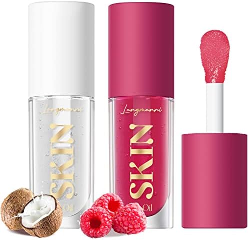 LANGMANNI 2 Pack Fruit Flavored Lip Oil Balm, Raspberry + Coco