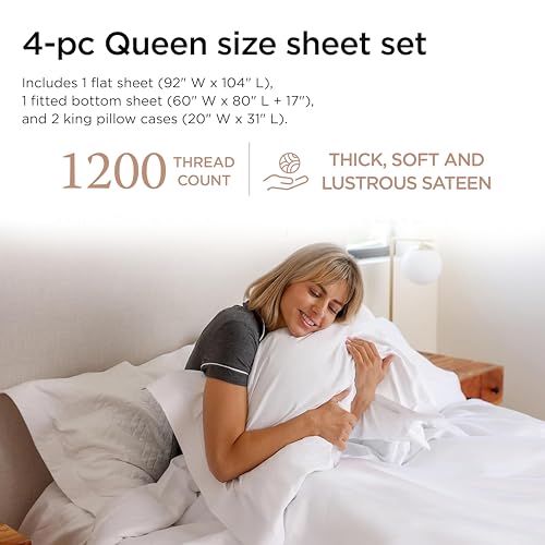 Image of Threadmill 1200 Thread Count Supima Cotton Queen Sheet Set, Sateen, White