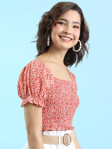 Image of Tokyo Talkies Women's Floral Print Puff Sleeve Crop Top | Cinched Waist | Chic & Feminine | Perfect for Brunch & Casual Outings | Tops for Woman | Women Tops | Women Crop Top
