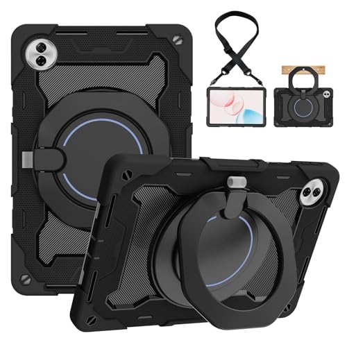 HUOLUNGJIN for Honor Pad 10 2025 12.1 inch Tablet Case with 360° Rotating Stand, Shockproof Protective Cover with Shoulder Strap, Pencil Holder & Handle Ring for Kids & Adults (Black)
