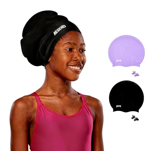 Kids Extra Large Swim Cap for Long Hair Swimming Caps for Boys Girls Youth Big Swim Hat for Long Thick Curly Hair & Dreadlocks Braids Weaves Afro Hairstyle (Black&Purple Extra Large)