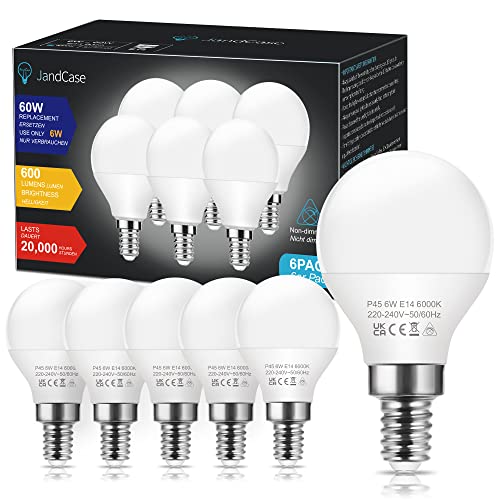 JandCase 6W Ampoules LED E14 P45, équivalent Ampoule Halogène 60W, ampoule petit culot à vis, Blanc Froid 6000K, 600 Lumen, CRI80, 240 Degrés Angle, Non-Dimmable, ampoule économique, Lot de 6