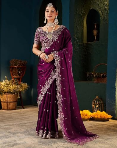Image of Sidhidata Women's Soft Fandy Satin Embroidered Saree With Multi Sequence Cut Work Boarder & Comes With Unstitched Blouse Piece (Jimmy Free Size)