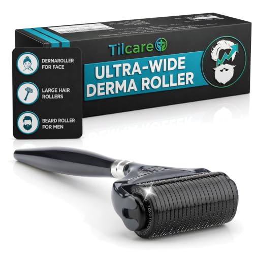 Beard and Hair Ultra Wide Derma Roller (1Pack) by Tilcare - Sterile 1200 Grade A Titanium Microneedles Titanium Derma Roller 0.25mm