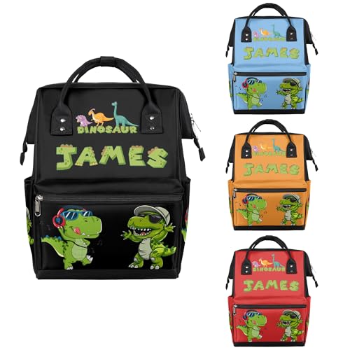 Image of Personalized Dinosaur Diaper-Backpack Baby-Gifts Large Nappy-Bag | Customized Diaper-Bag as Gifts for New Mom Dad Parents Waterproof Mommy-Bag Black Baby Travel Backpack