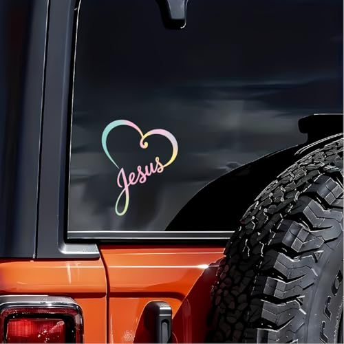Image of Jesus Heart Car Decal Pastel Rainbow Sticker - Minimalist Christian Cursive Vinyl Decal, Cute Faith Love Bumper Sticker, Aesthetic Gift for Teen Girls Christian Young Women