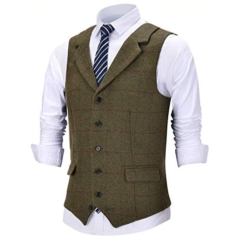 Men's Scottish Plaid Notch Lapel Slim Fit Vintage Waistcoat Tweed Wool Suit Vest For Groomsmen(M, Army Green) Cover