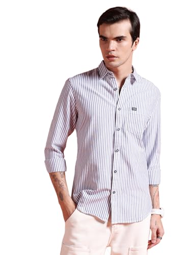 Image of The Indian Garage Co Men Slim Fit Striped Full Sleeves Cutaway Collar Casual Shirt