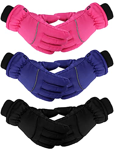 3 Pairs Kids Ski Snow Gloves Winter Waterproof Warm Mitten For Boy Girl Children (Black, Navy Blue, Rose Red, 6-8 Years) #TOP5