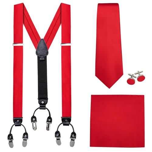 Image of Barry.Wang Men Suspender Set with Necktie Elastic Y Type Heavy Duty 6 Clips Braces Tie Handkerchief Cufflink Pin 6PCS