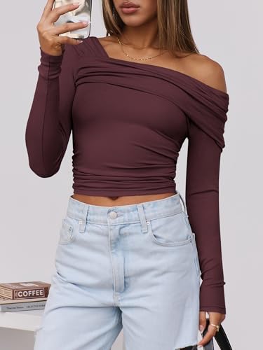 ANRABESS Womens One Off Shoulder Shirts Long Sleeve Slim Fitted Going Out Crop Tops 2025 Fall Outfits Y2K Clothes4