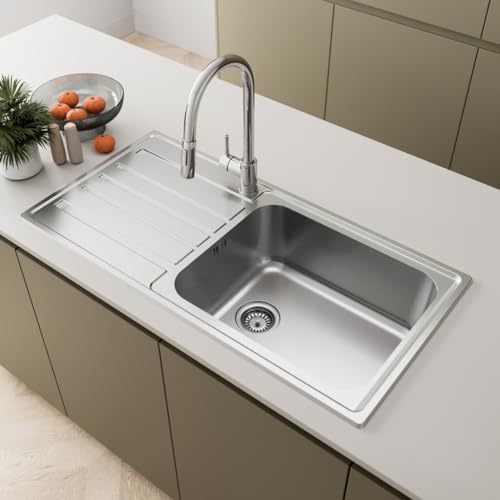 Lussena® 1000 x 500mm Stainless Steel Kitchen Sink Single One 1.0 Bowl Inset Drop in Installation, Left Hand Drainer, 18/8 Grade Steel Sinks, Free Basket Strainer Waste