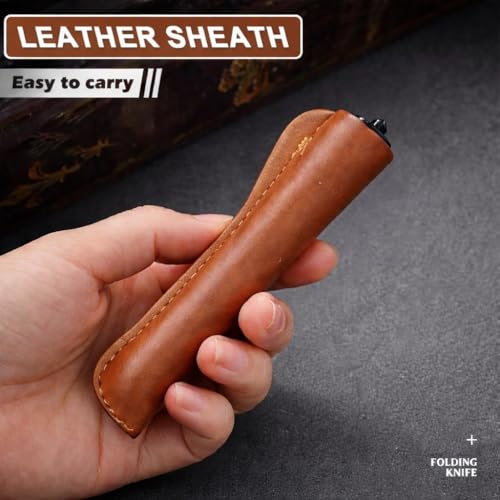 Image of Mini-Pocket Foldable Manual Stainless Steel Folding Knife with Leather Case for Travel, Outdoor, Portable Utility Knife (1)