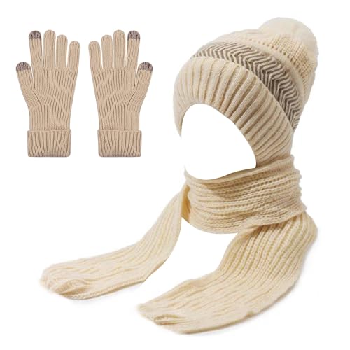 Christmas gifts,Christmas party decorations,winter beanie hat scarf gloves set for women,Women's Hat, Scarf, and Touchscreen Gloves Set for Cold Weather (Light yellow)