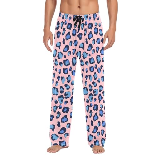 Men's Pajama Bottom Blue Leopard Unique Cotton Pajama Pants Drawstring Sleepwear Long Pants Pockets