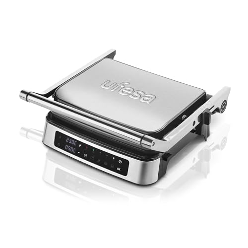 Ufesa Everest Parrilla Eléctrica Digital, Panini Press, Grill de Contacto de 2000W, 5 Programas Preestablecidos, Pantalla Táctil, Apertura 180ª, Temporizador, Temperatura hasta 230º, 29 x 23.2cm, Inox