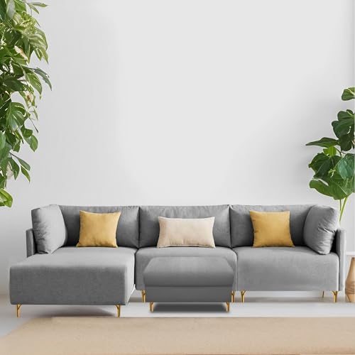 Image of Carina LHS 4 Seater L Shape Sofa Set with Center Table for Living Room (Grey Fabric) Premium Fabric Sofa