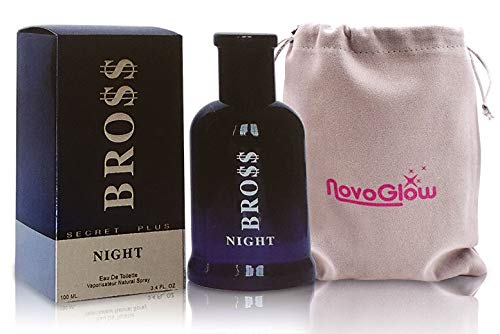 NovoGlow BROSS NIGHT - Eau De Toilette Spray Perfume, Fragrance For Men- Daywear, Casual Daily Cologne Set with Deluxe Suede Pouch- 3.4 Oz Bottle- Ideal EDT Beauty Gift for Birthday