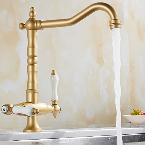 Mitigeur cuisine double commande robinet cuisine antique laiton 360° pivotant robinet évier de cuisine et salle de bain classique vintage avec flexibles eau froide et chaude (bronze)