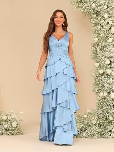 YOFF V Neck Bridesmaid Dresses with Cape Long Tiered Satin Formal Evening Prom Dress YO1633