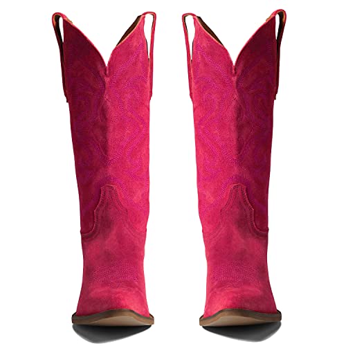 Image of LEHOOR Cowboy Boots Women Embroidered Mid Calf Western Boots Stacked Low Heel Pointed Toe Pull On Cowgirl Boot 4-11 M US